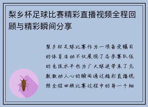 梨乡杯足球比赛精彩直播视频全程回顾与精彩瞬间分享